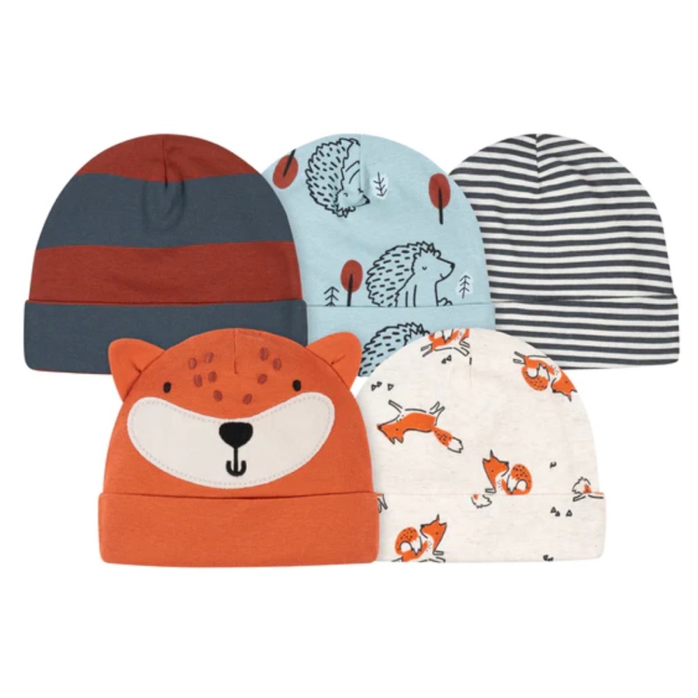 5-Pack Baby Boys Fox & Hedgehog Caps